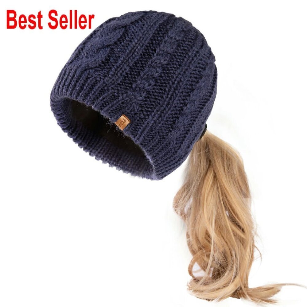 Merino Wool Blend Fleece Lined Beanie Ponytail Hole Cable Knit Oversized